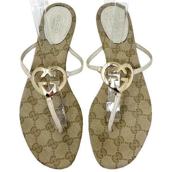 Gucci Monogram Heart Logo Thong Sandals Beige Gold Size EU 38.5 - Picture 1 of 9
